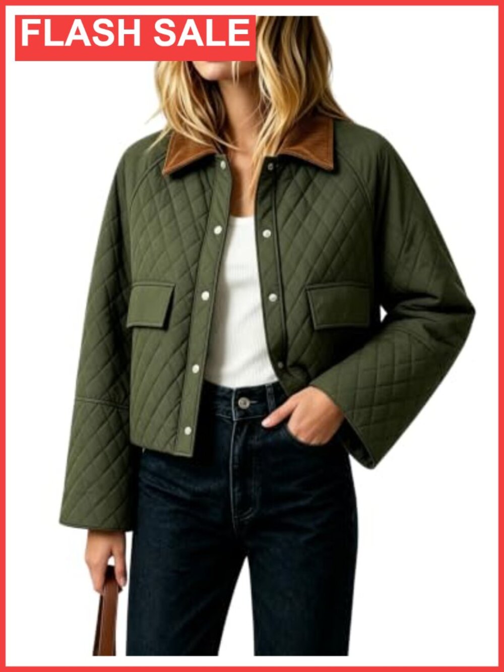 Quilted Lightweight Snap Jacket Bell Sleeve Pockets Casual Fall Coat